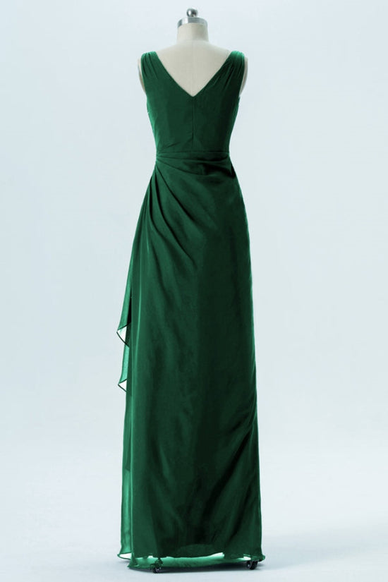 Green V-Neck Pleated Ruffle Bridesmaid Dress