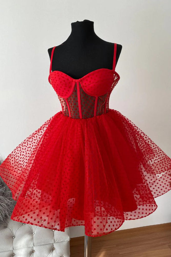 Straps Red Polka Dot Corset Mini Homecoming Dress