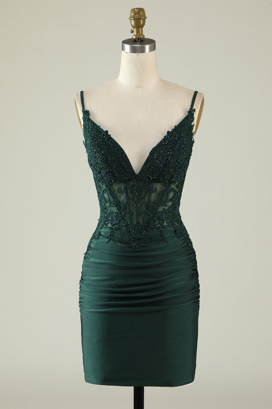 Hunter Green Applique Tight Homecoming Dress with Open back Movousdress Hunter Green Applique Tight Homecoming Dress with Open back Movousdress