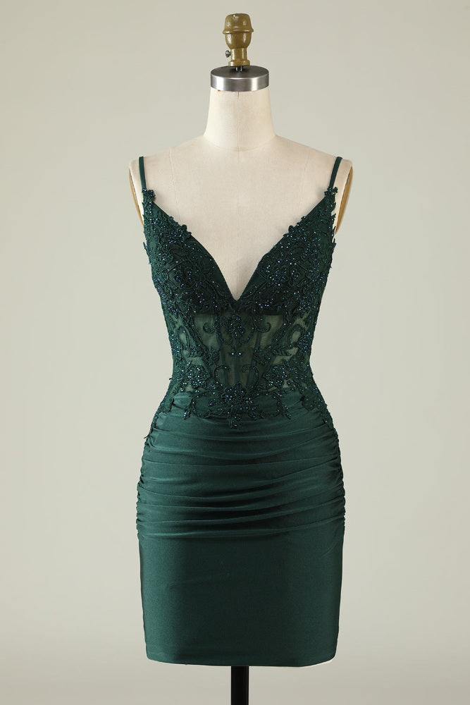 Hunter Green Applique Tight Homecoming Dress with Open back