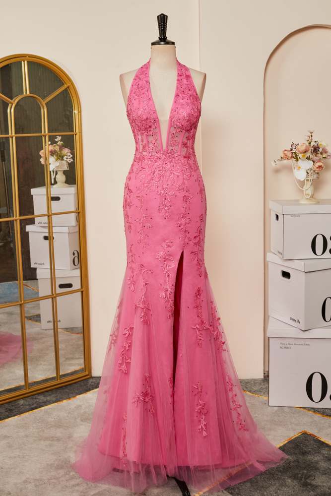 Plunging V Halter Pink Appliques Slit Mermaid  Long Prom