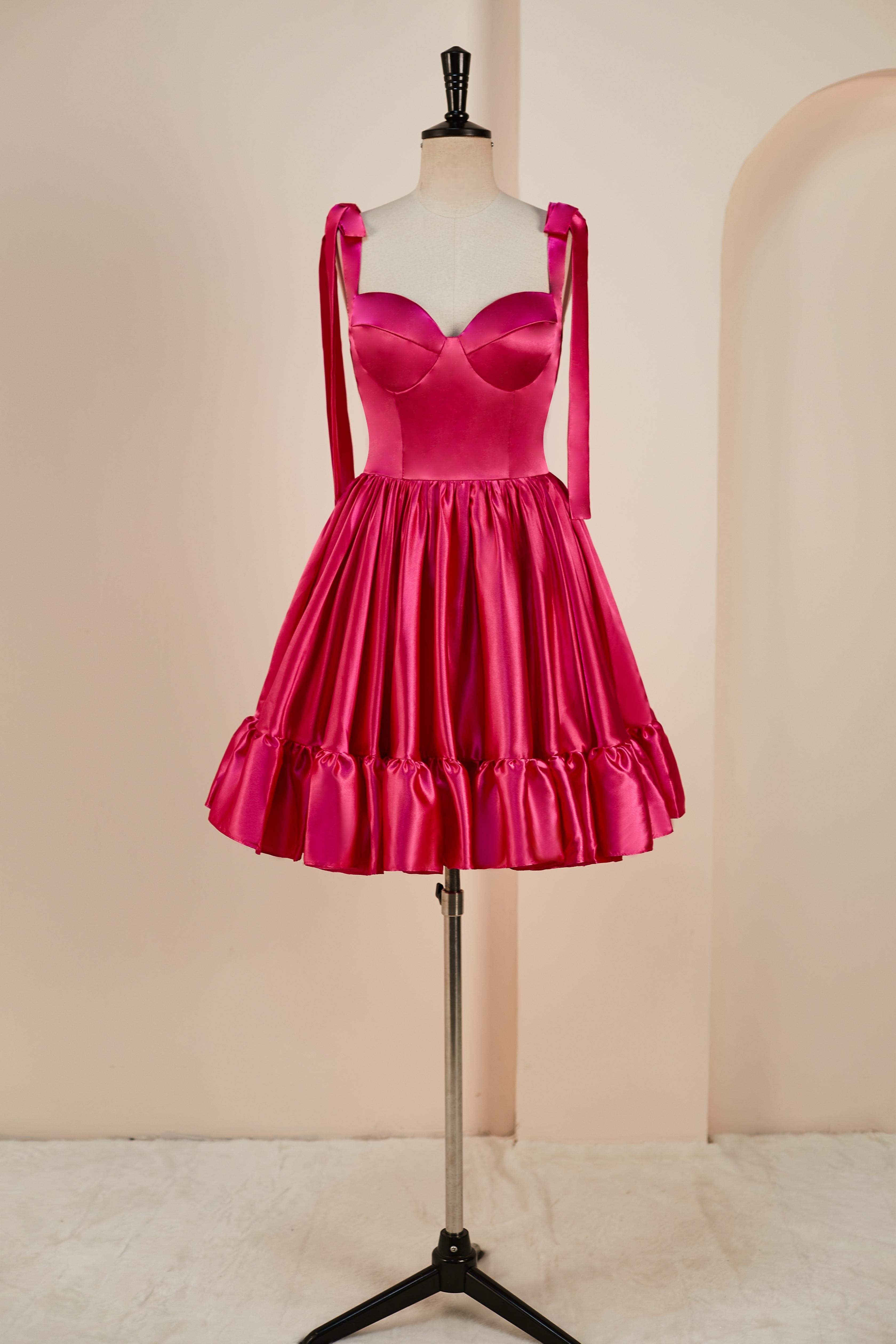 A-line Rose Pink Bow Tie Straps Satin Ruffled Homecoming Dress