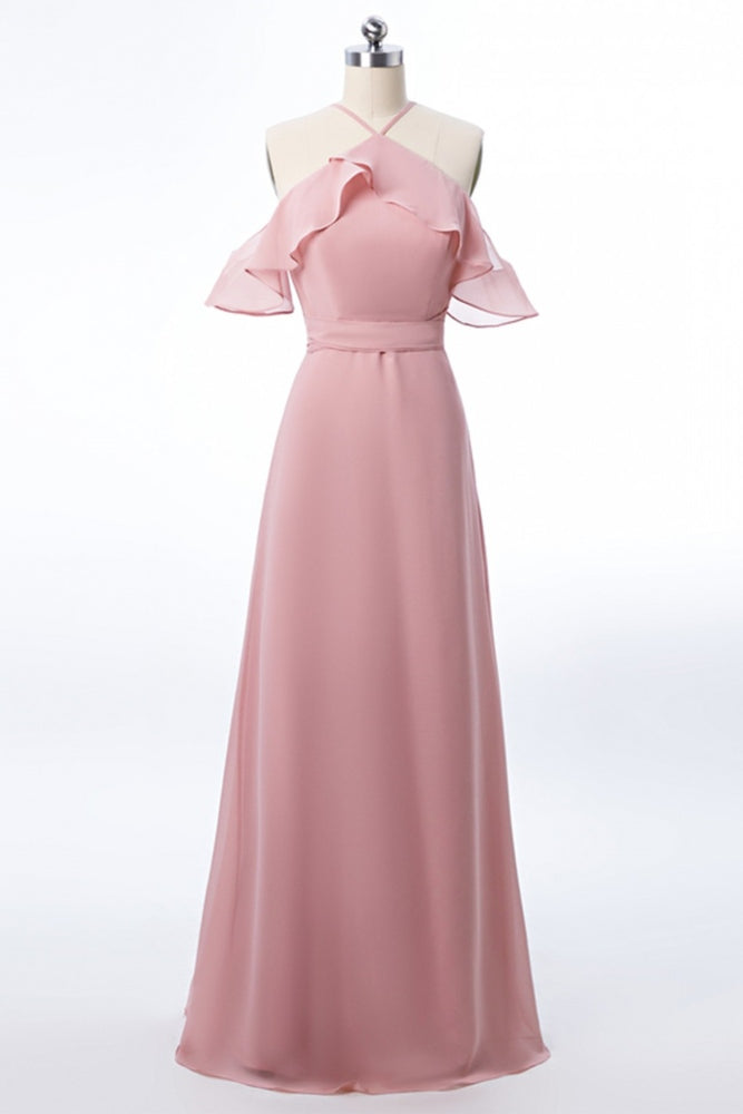 Blush Pink Off the Shoulder Ruffles Long Bridesmaid Dress