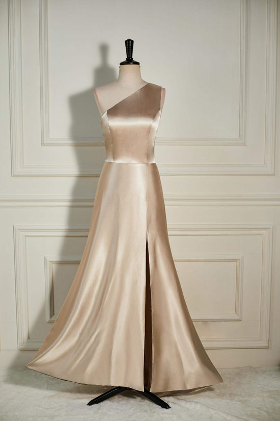 One Shoulder Satin Champagne A-line Slit Bridesmaid Dress – Movousdress One Shoulder Satin Champagne A-line Slit Bridesmaid Dress – Movousdress
