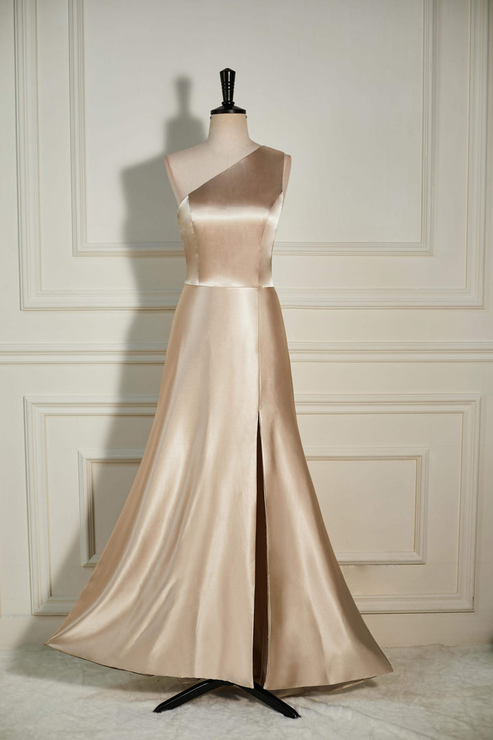 One Shoulder Satin Champagne A-line Slit Bridesmaid Dress