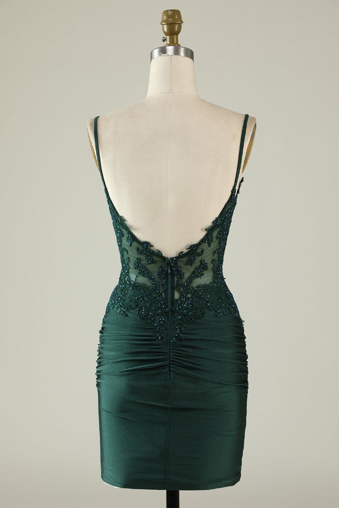 Hunter Green Applique Tight Homecoming Dress with Open back