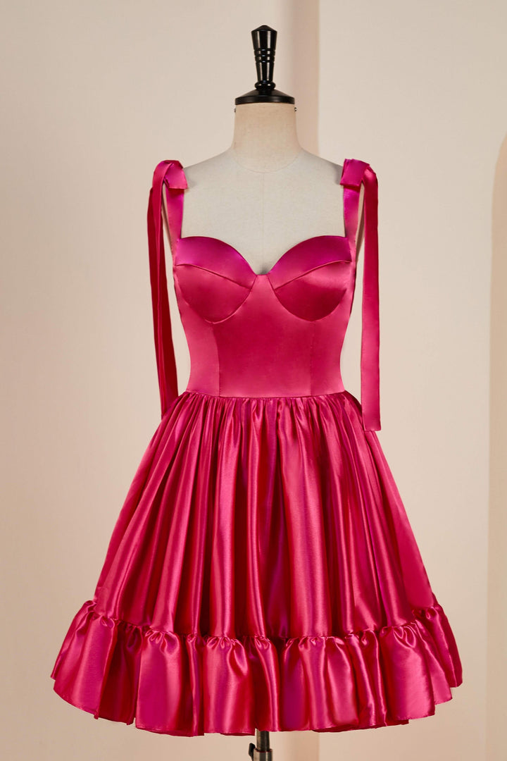 A-line Rose Pink Bow Tie Straps Satin Ruffled Homecoming Dress