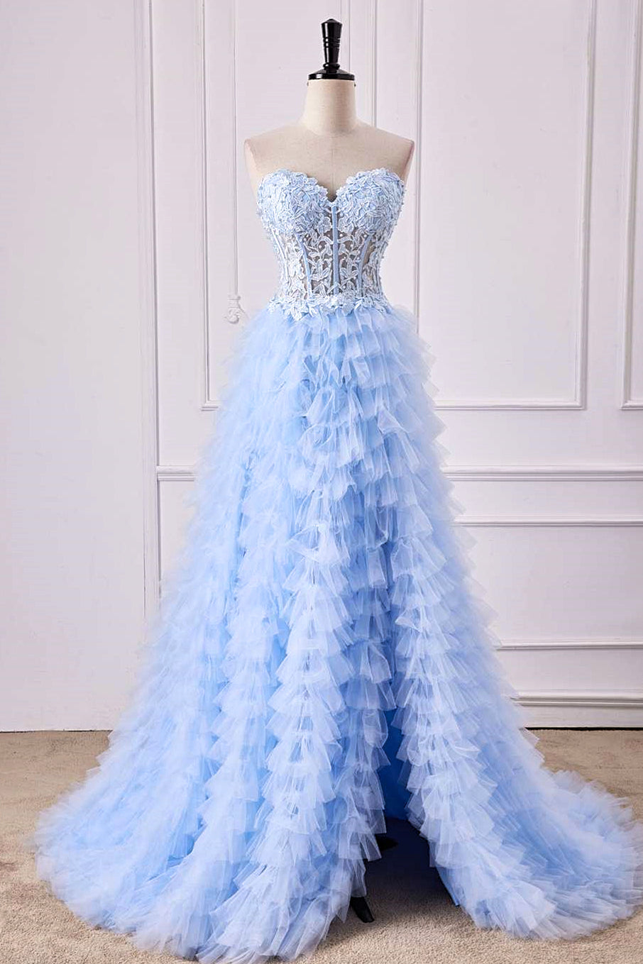 Strapless Light Blue A-line Slit Tulle Long Prom Dress