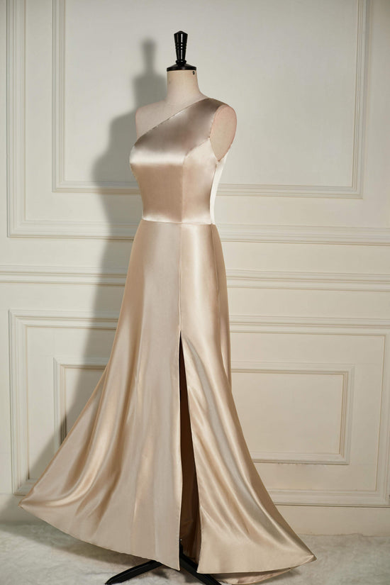 One Shoulder Satin Champagne A-line Slit Bridesmaid Dress – Movousdress One Shoulder Satin Champagne A-line Slit Bridesmaid Dress – Movousdress