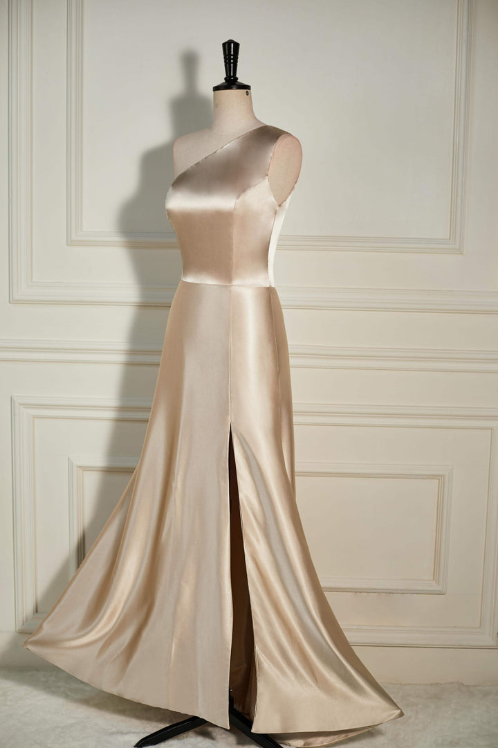 One Shoulder Satin Champagne A-line Slit Bridesmaid Dress