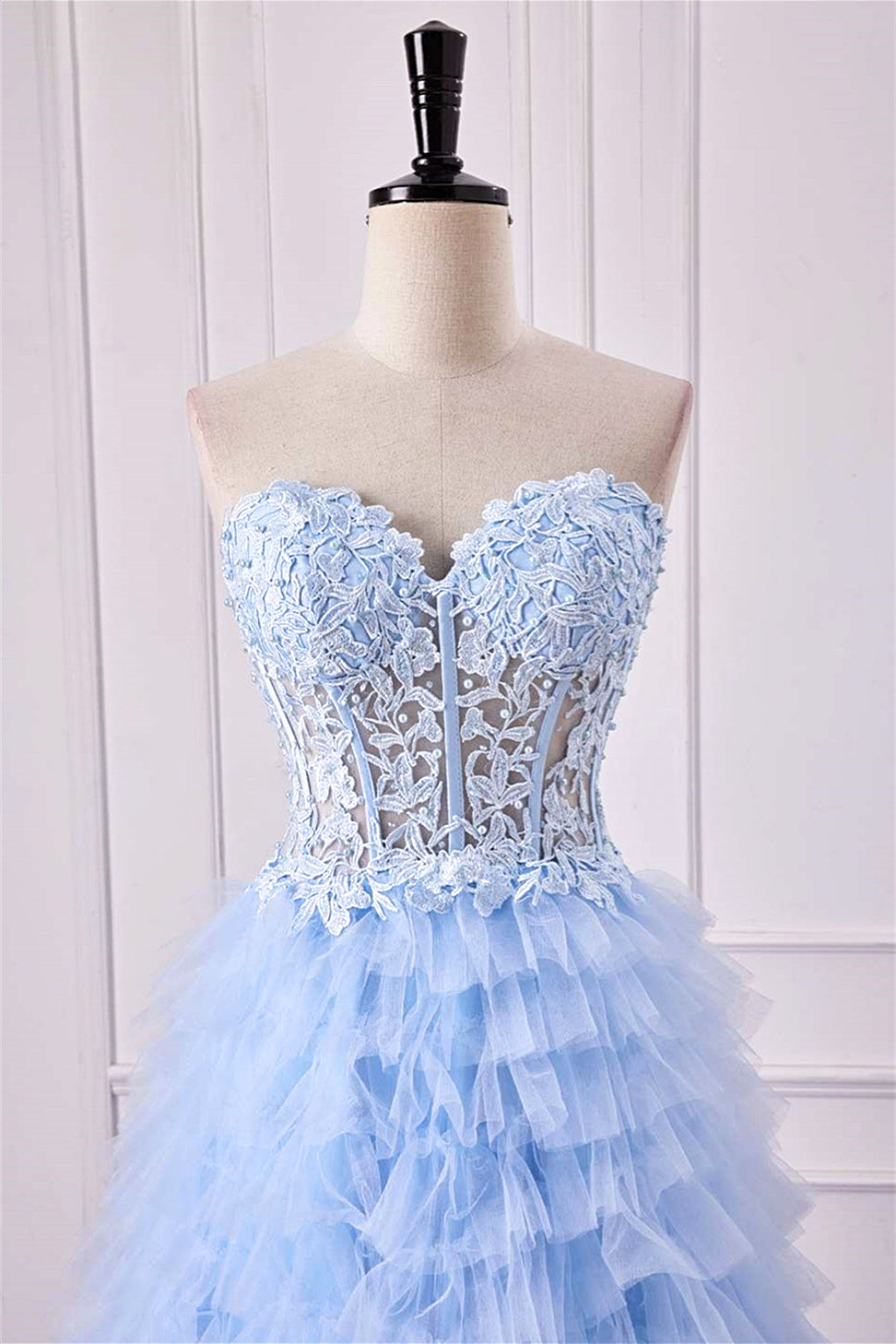 Strapless Light Blue A-line Slit Tulle Long Prom Dress