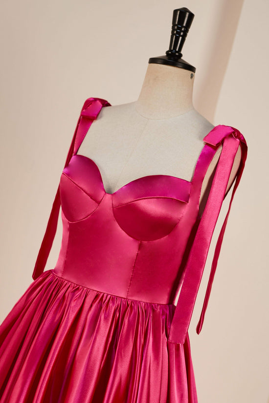 A-line Rose Pink Bow Tie Straps Satin Ruffled Homecoming Dress