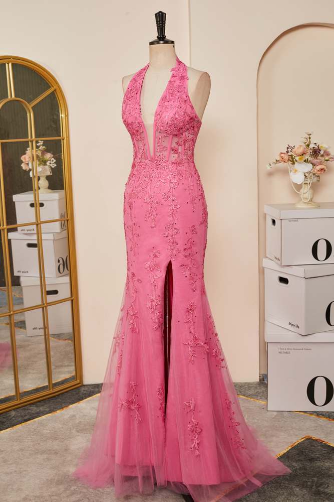 Plunging V Halter Pink Appliques Slit Mermaid  Long Prom