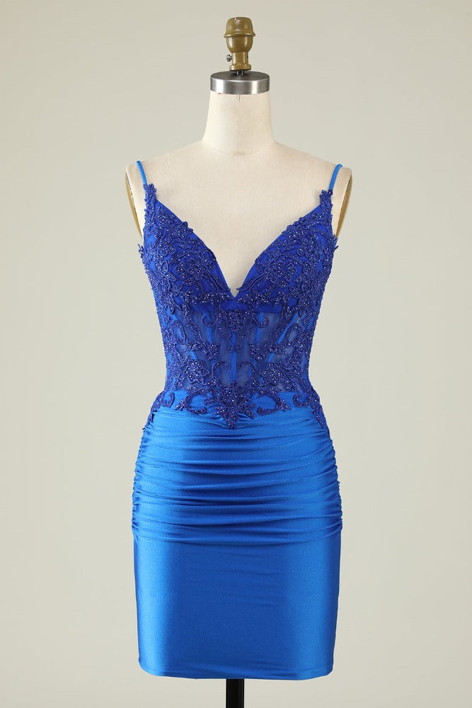 Royal Blue Applique Tight Homecoming Dress with Open back