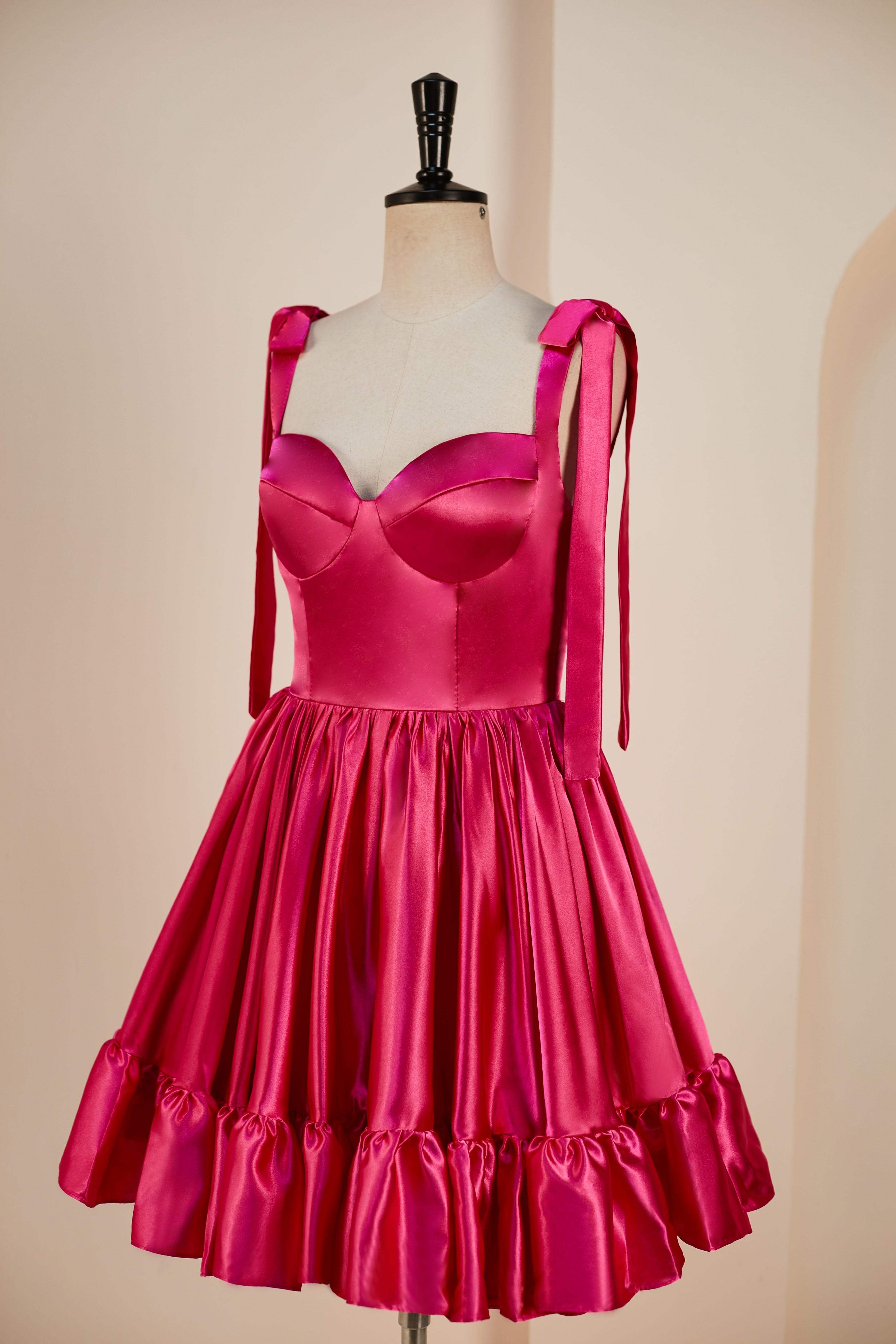 A-line Rose Pink Bow Tie Straps Satin Ruffled Homecoming Dress