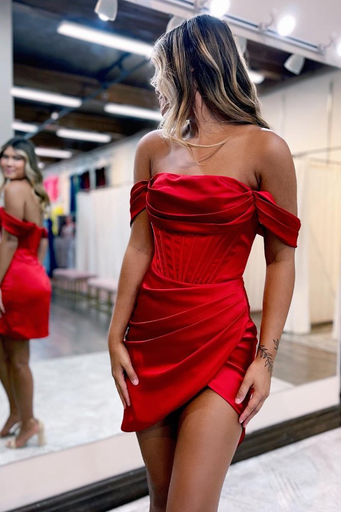 Off the Shoulder Red Pleated Satin Homecoming Dress