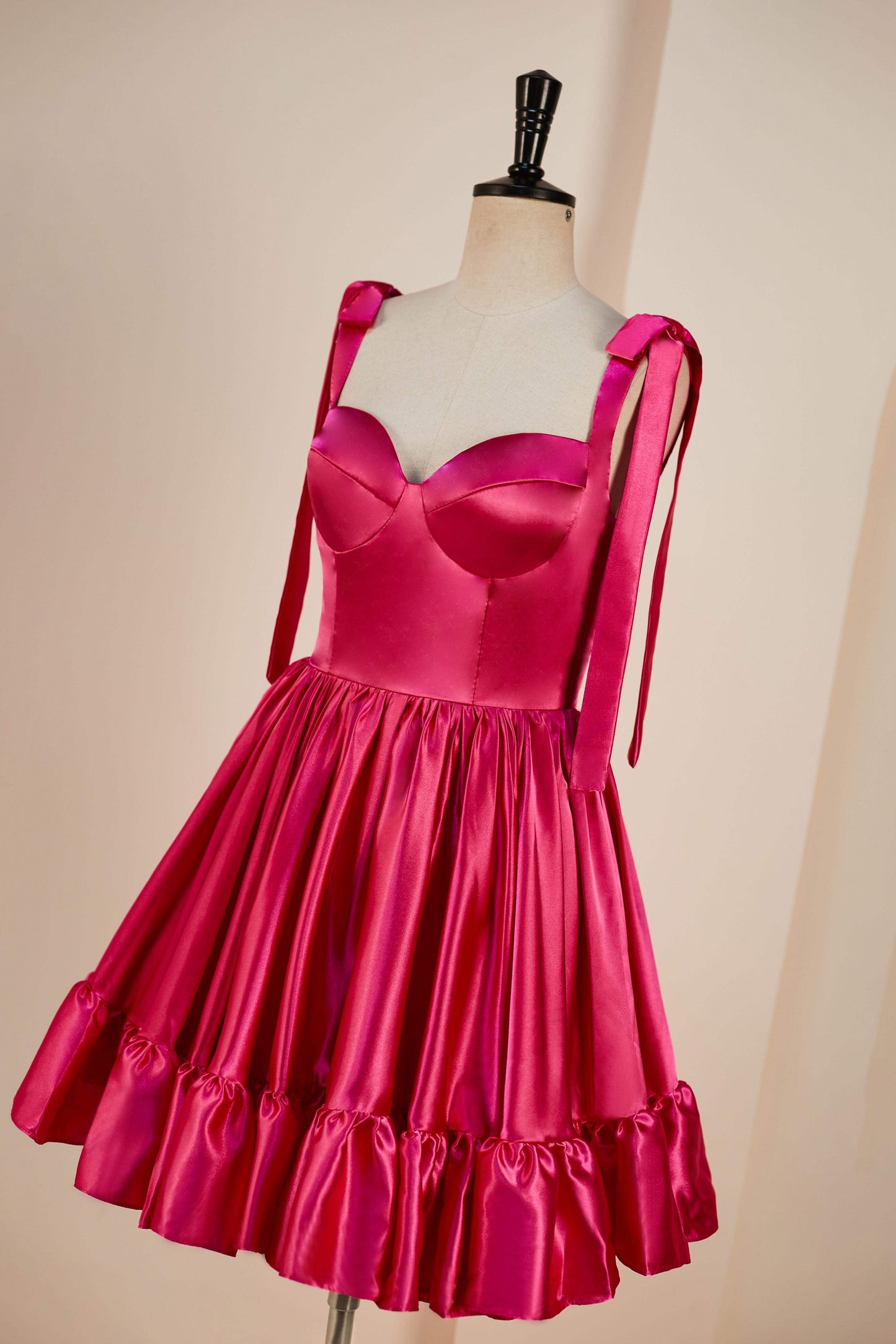 A-line Rose Pink Bow Tie Straps Satin Ruffled Homecoming Dress