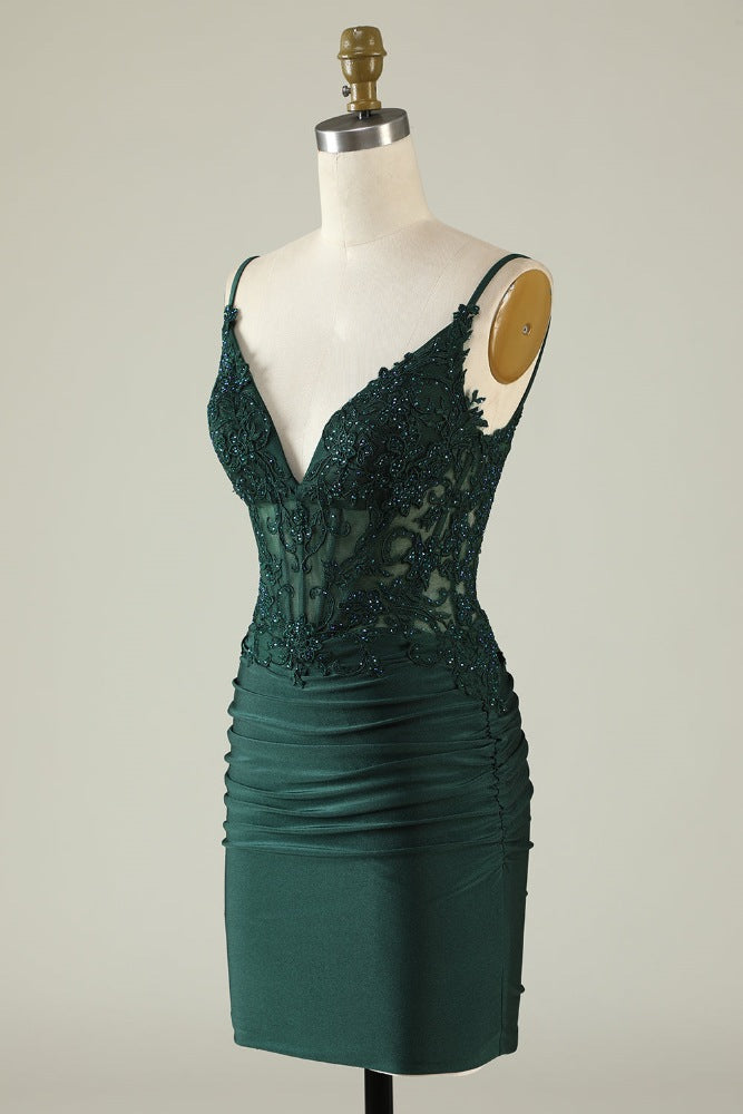 Hunter Green Applique Tight Homecoming Dress with Open back