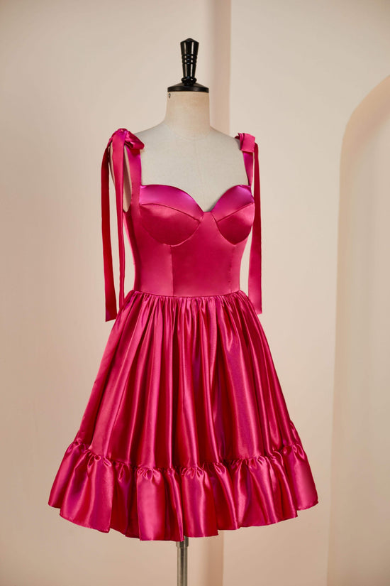 A-line Rose Pink Bow Tie Straps Satin Ruffled Homecoming Dress