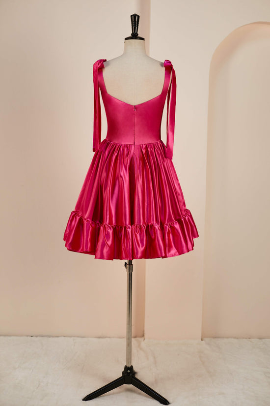 A-line Rose Pink Bow Tie Straps Satin Ruffled Homecoming Dress