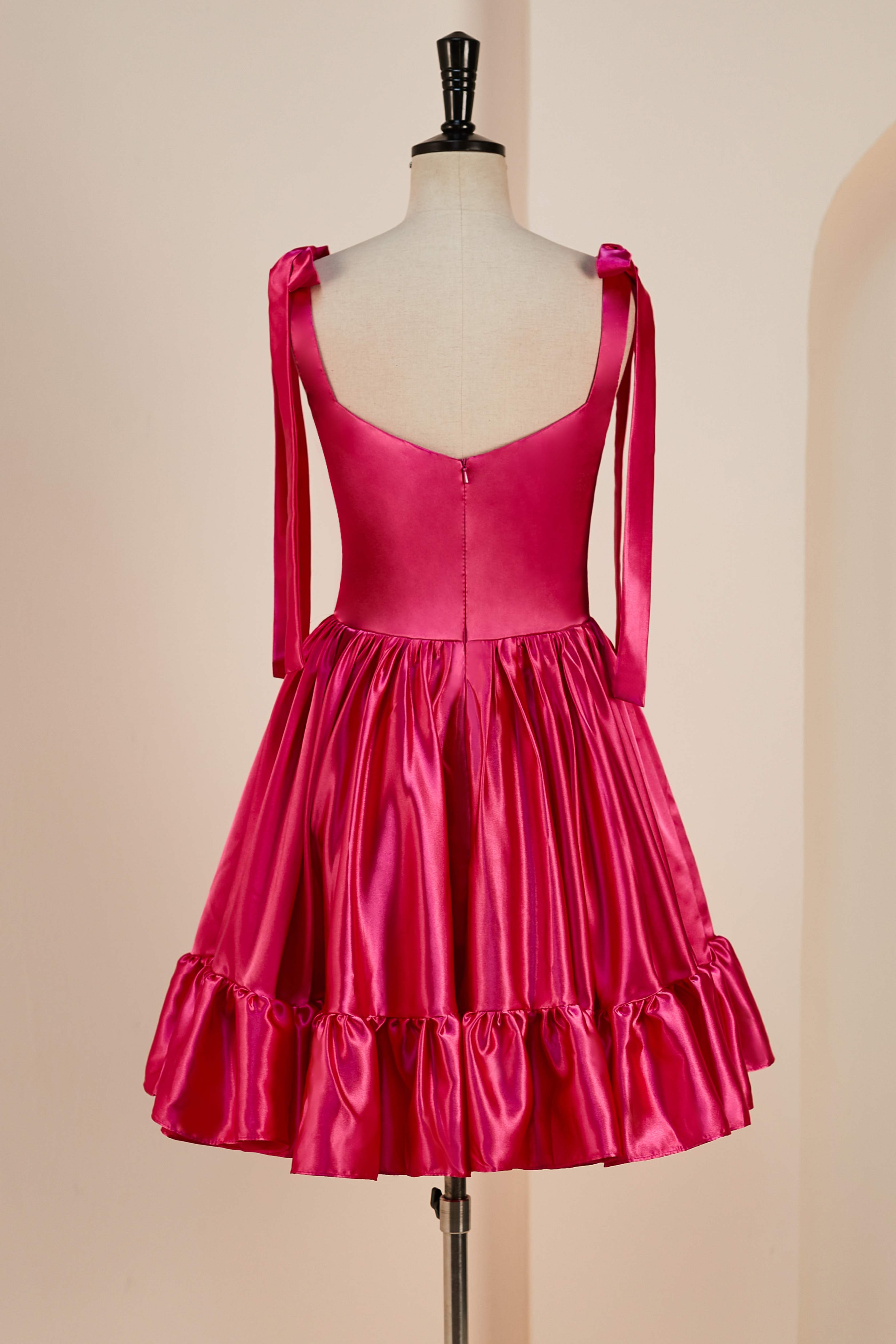 A-line Rose Pink Bow Tie Straps Satin Ruffled Homecoming Dress