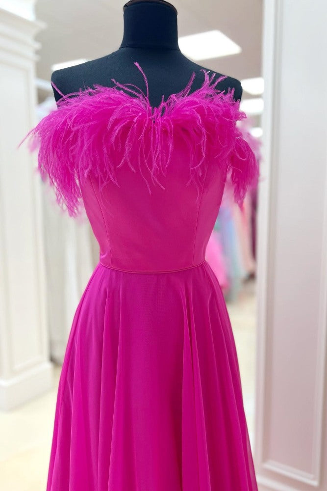 Strapless Hot Pink A-Line Ruffle Prom Dress with Feather