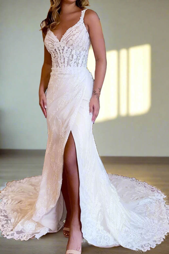 White V-Neck Applique High Slit Long Bridal Dress