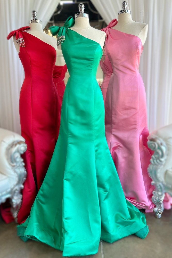 Green One Shoulder Ruffle Mermaid Prom Dress with Bow