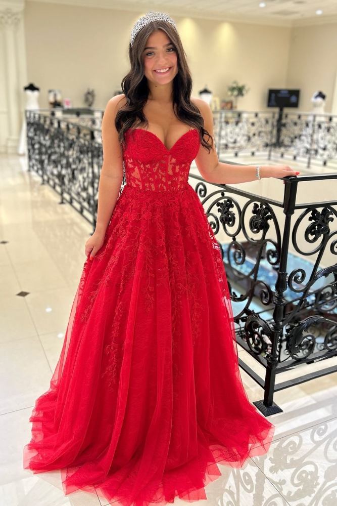 Strapless Red Applique A-Line Long Prom Dress Movousdress Strapless Red Applique A-Line Long Prom Dress Movousdress