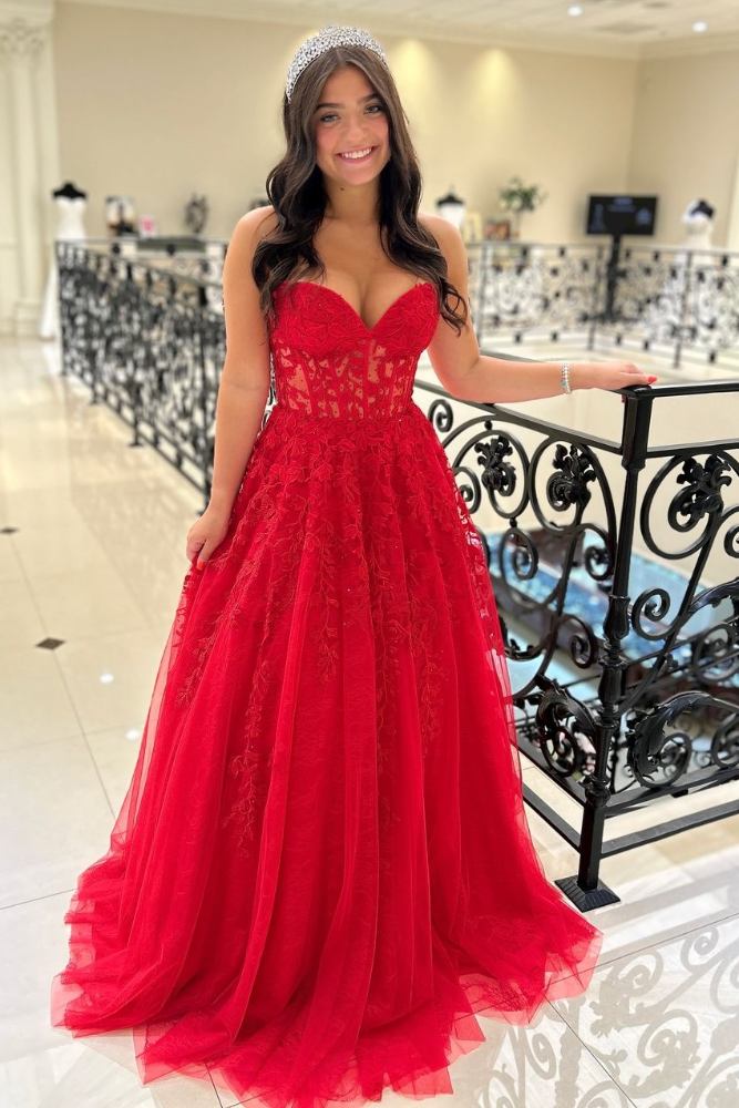 Strapless Red Applique A-Line Long Prom Dress