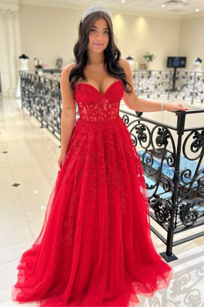 Strapless Red Applique A-Line Long Prom Dress