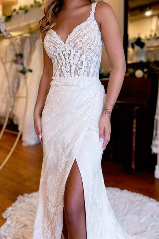 White V-Neck Applique High Slit Long Bridal Dress