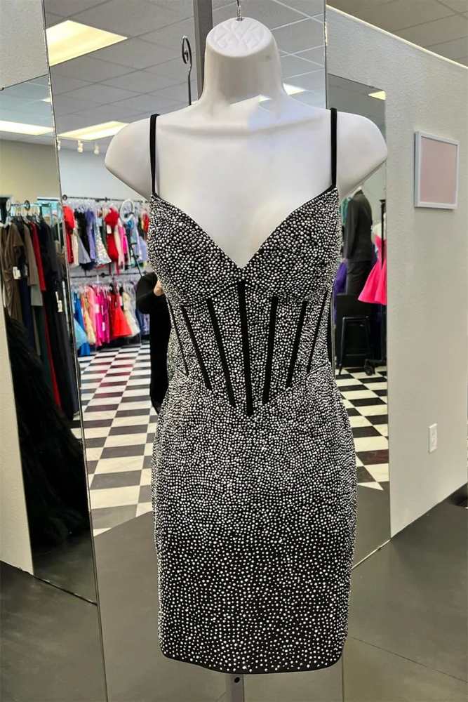 Black Straps V-Neck Boned Beaded Homecoming Dress