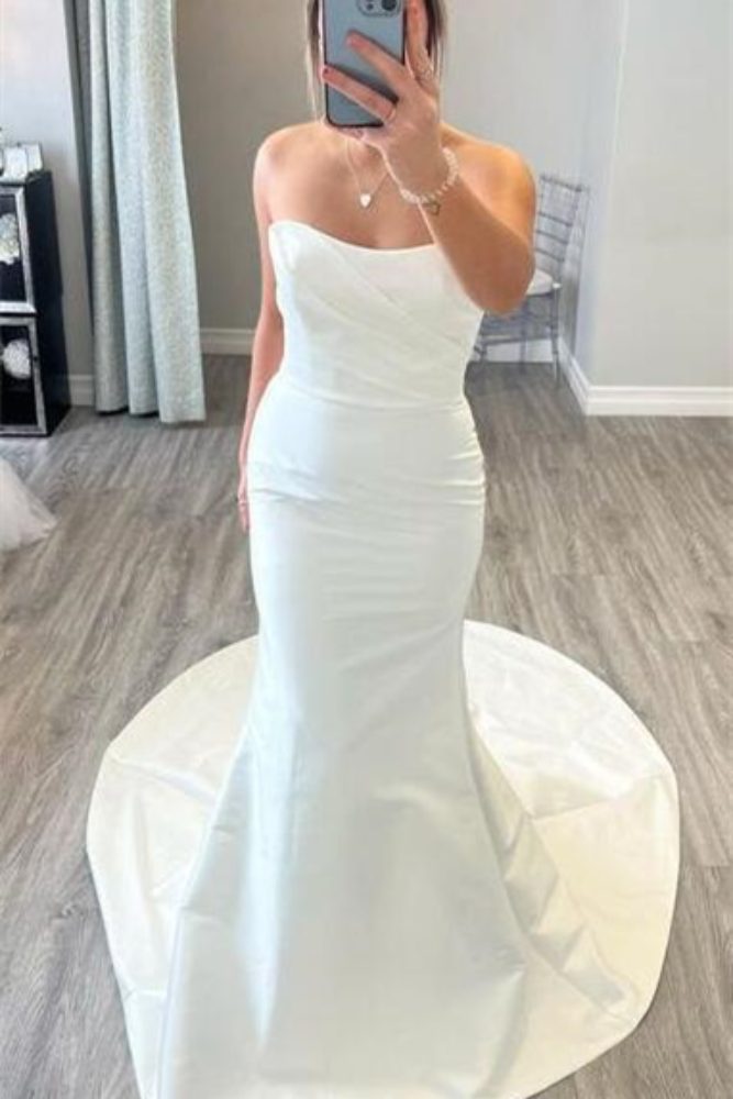 White Strapless Satin Long Mermaid Bridal Dress