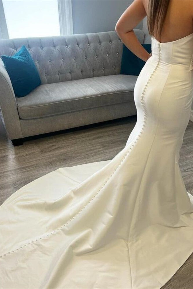 White Strapless Satin Long Mermaid Bridal Dress