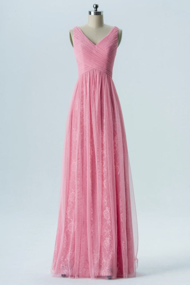 Blush Pink Double Straps Tulle Bridesmaid Dress