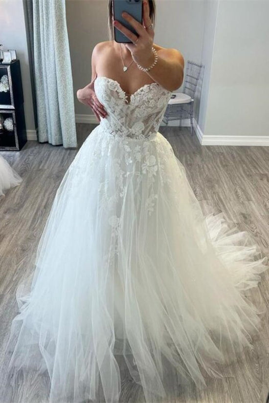 White Strapless Applique Ruffle Tulle Wedding Dress