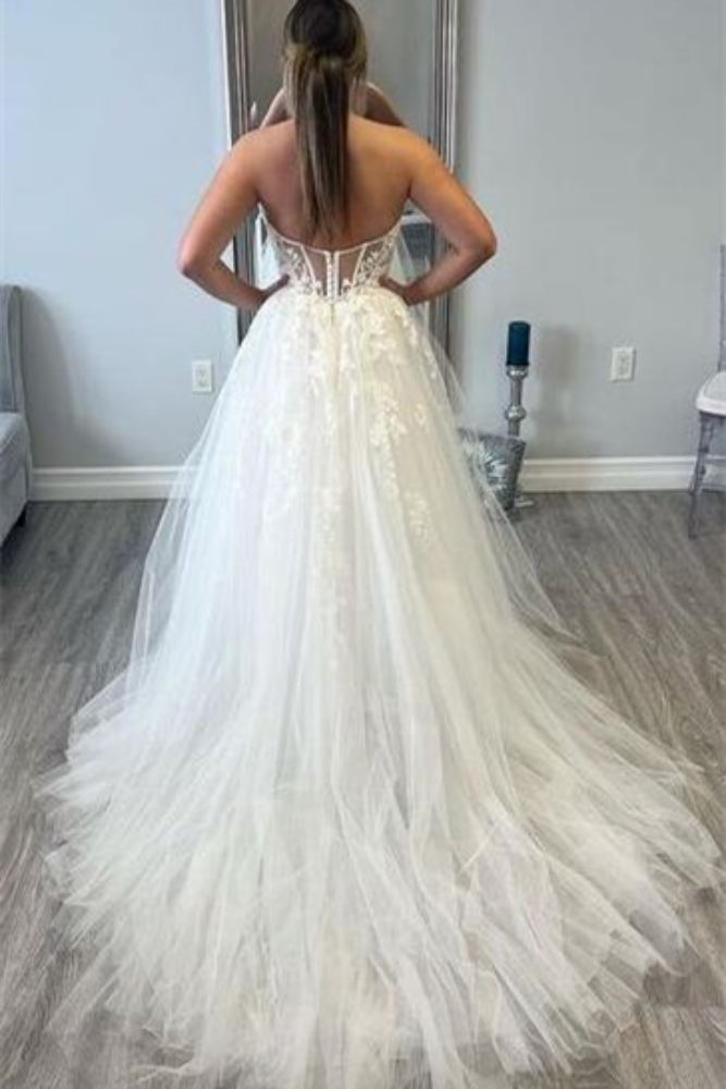 White Strapless Applique Ruffle Tulle Wedding Dress