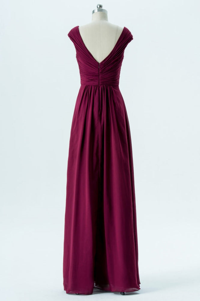 Mulberry Cap Sleeves Pleated Chiffon Bridesmaid Dress