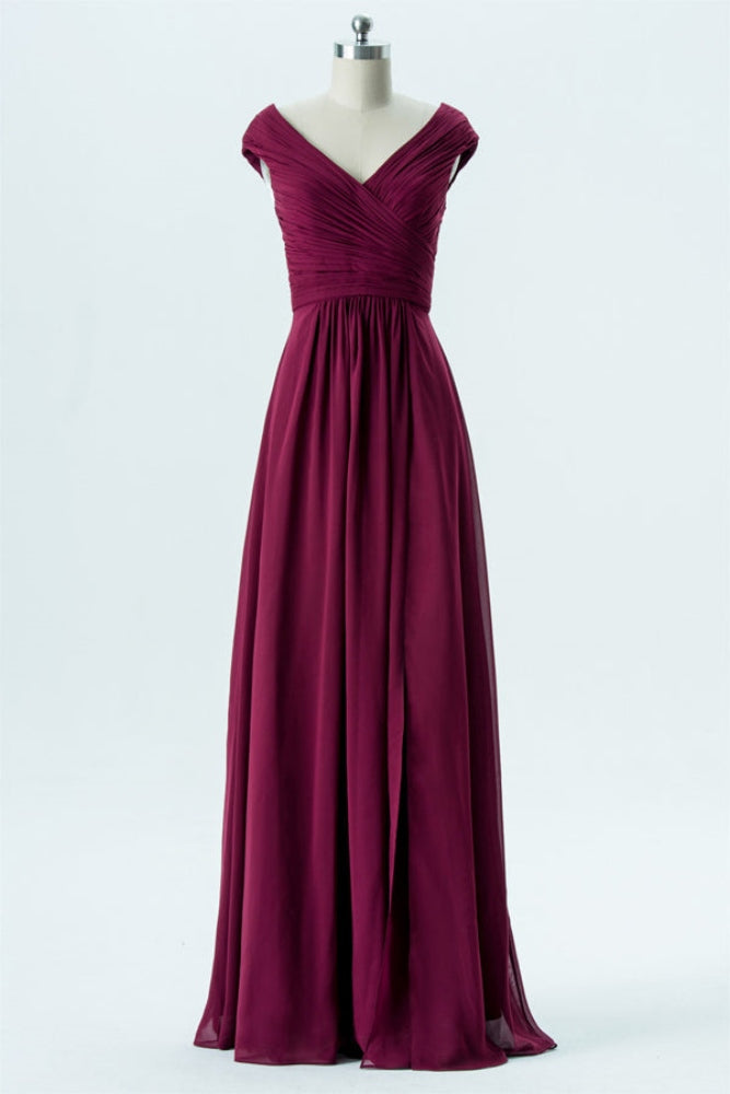 Mulberry Cap Sleeves Pleated Chiffon Bridesmaid Dress