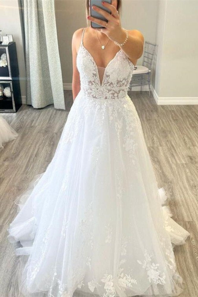 White Spaghetti Straps Lace A-Line Bridal Dress