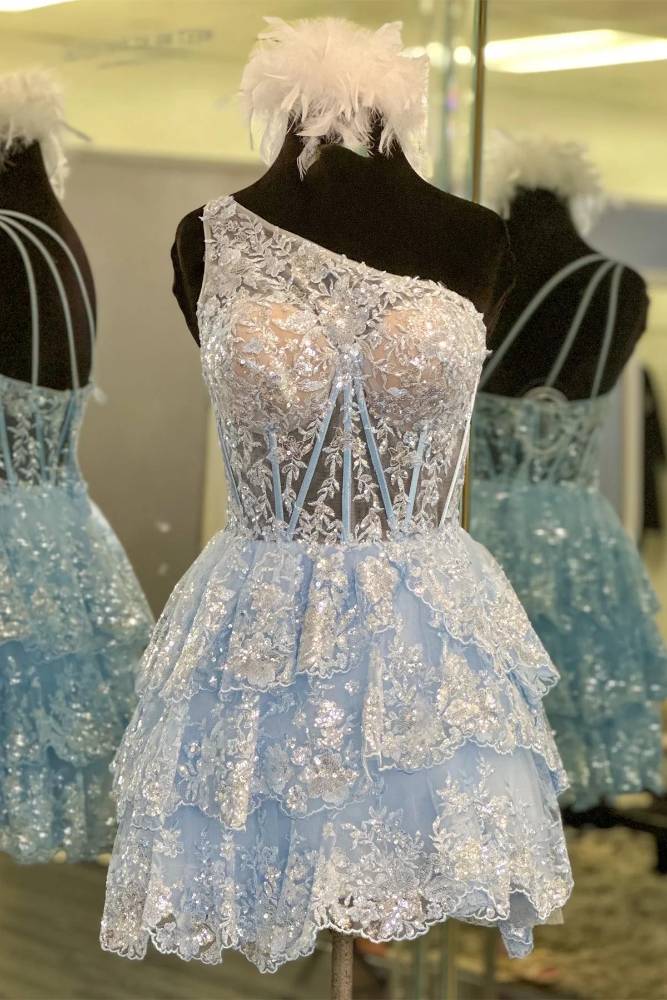 Light Blue One Shoulder Sequin Applique Tiered Homecoming Dress