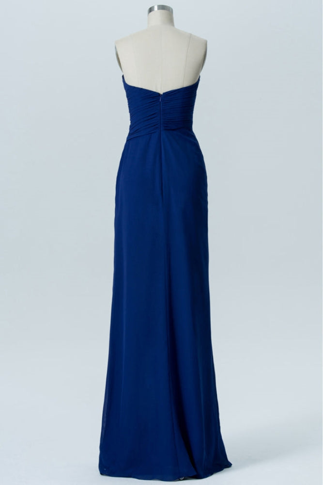 Blue Strapless Pleated Chiffon Bridesmaid Dress