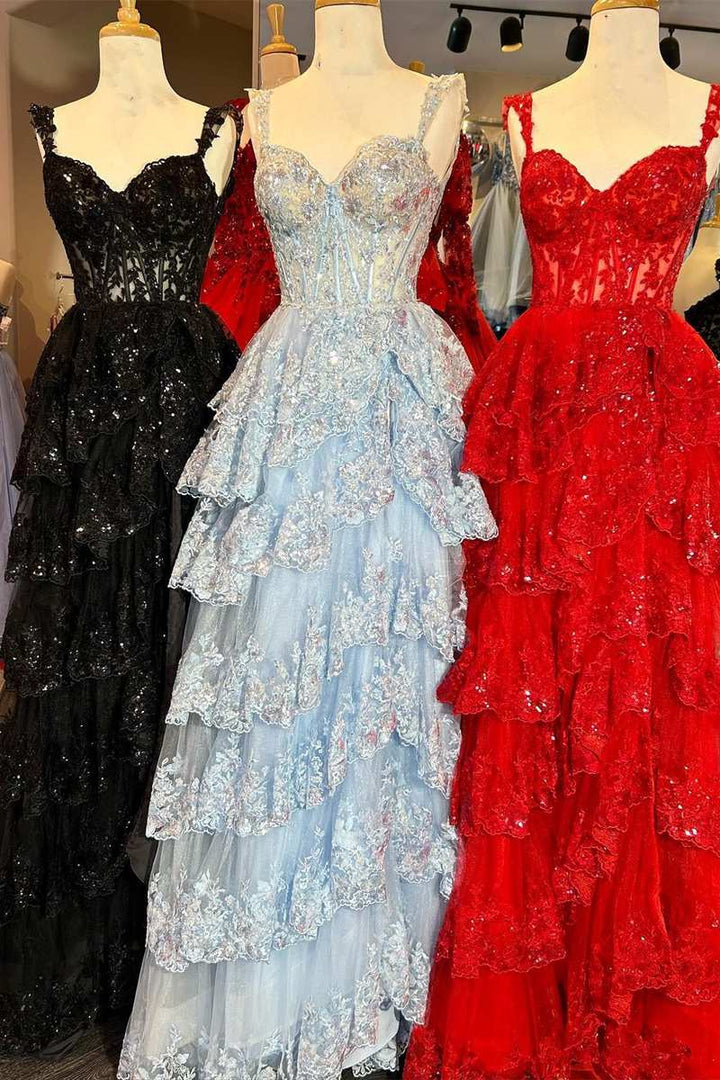 Black & Light Blue & Red Off-Shoulder Lace Applique Ruffle A-line Slit Long Prom Dress