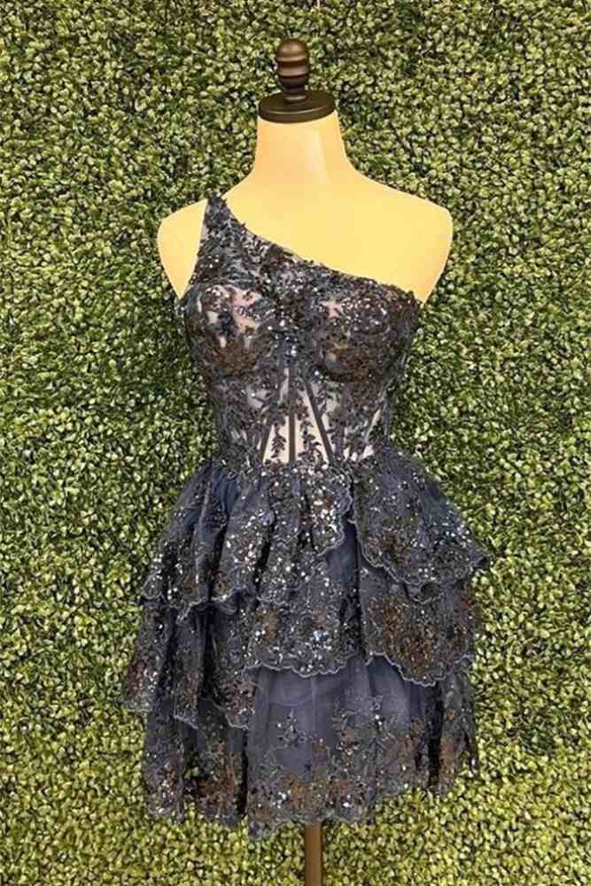 Dark Blue One Shoulder Sequin Applique Tiered Homecoming Dress