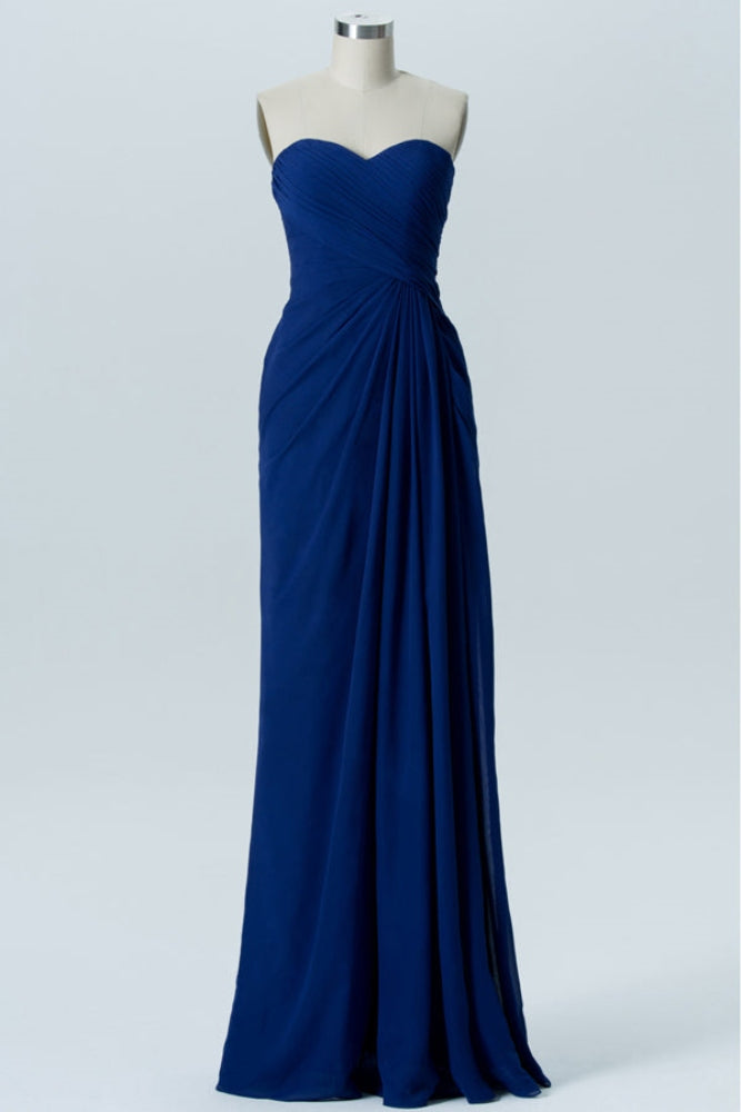 Blue Strapless Pleated Chiffon Bridesmaid Dress