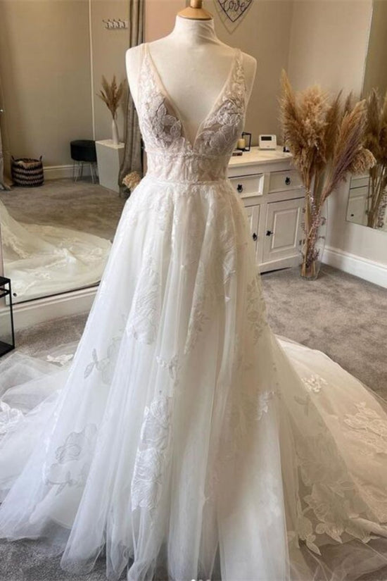 Ombre V-Neck Applique Tulle Long Bridal Dress