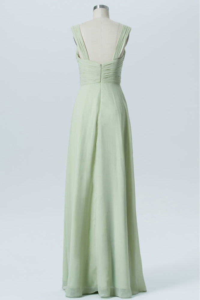 Sage Green Straps Chiffon Long Bridesmaid Dress