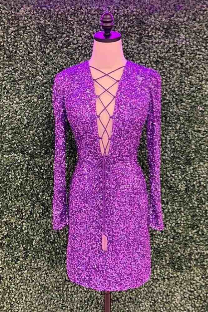 Purple Plunging Neck Sequin Homecoming Dress with Long Sleeves