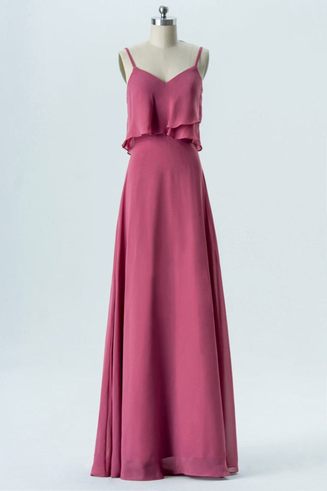 Dusty Rose Straps Ruffle A-Line Bridesmaid Dress